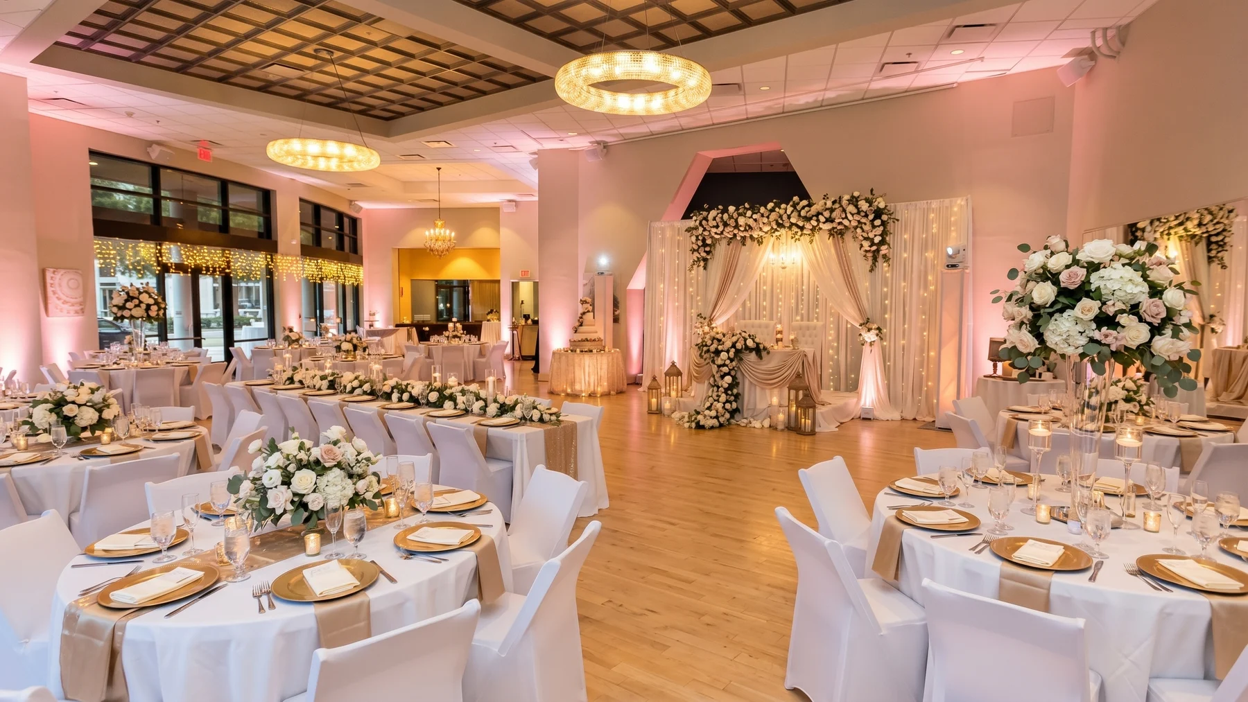 Midtown Ballroom set for a wedding reception with dining tables, floral décor, chandeliers, and warm lighting